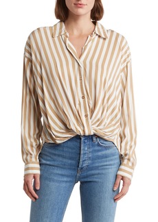 Ellen Tracy Stripe Knotted Long Sleeve Button-Up Shirt in Marshmallow/Camel Stripe at Nordstrom Rack