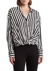 Ellen Tracy Stripe Knotted Long Sleeve Button-Up Shirt in Marshmallow/Camel Stripe at Nordstrom Rack