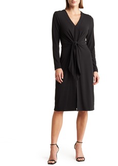 Ellen Tracy Tie Waist Long Sleeve Matte Jersey Dress in Black at Nordstrom Rack