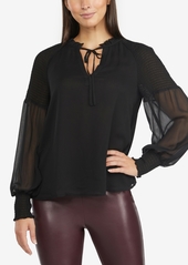 Ellen Tracy Womens Balloon Sleeve Blouse with Smocked Detail - Black