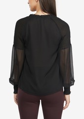 Ellen Tracy Womens Balloon Sleeve Blouse with Smocked Detail - Black