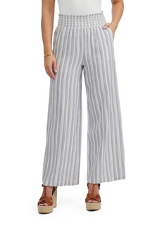 Ellen Tracy Women's Linen Smocked Wide Leg Pant - Blue/tan stripe