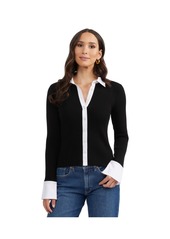 Ellen Tracy Women's Rib Shirt with Poplin Trims - Black