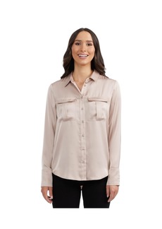 Ellen Tracy Women's Satin Blouse with Patch Pockets - Taupe