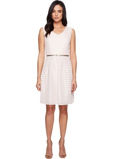Ellen Tracy Womens Petite Sleeveless Fit-and-Flare Dress with V-Neck and Belt 