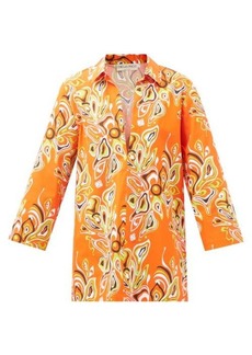 Emilio Pucci - Africana-print Notch-neck Cotton-poplin Shirt - Womens - Orange Print