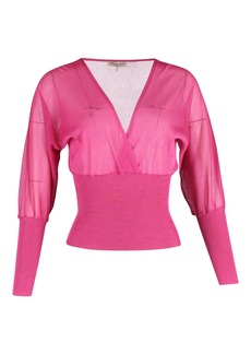 Emilio Pucci Long-sleeved V-neck Knitted Blouson Top in Pink Silk