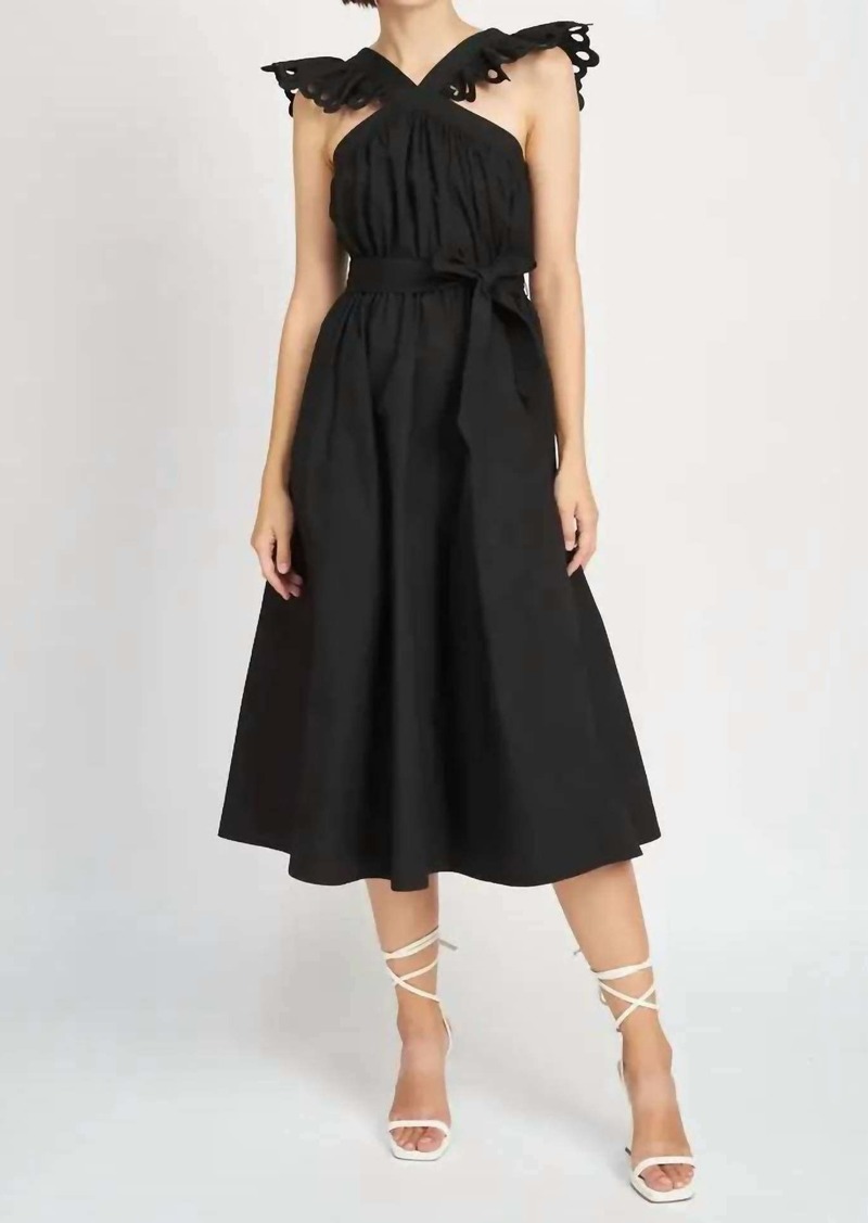 En Saison Blakely Ruffle Eyelet Belted Midi Dress In Black