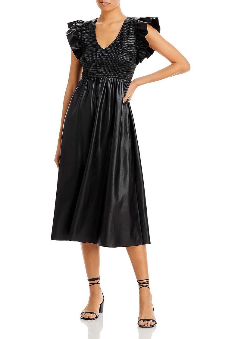 En Saison Womens Faux Leather Flutter Sleeve Midi Dress