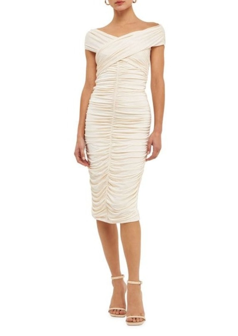 Endless Rose Draped Ruched Sheath Midi Dress