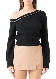 Endless Rose Chain Embellished One Shoulder Cropped Sweater