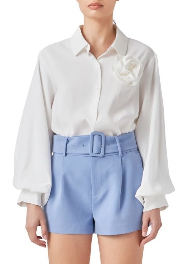 Endless Rose Corsage Bishop Sleeve Button-Up Top
