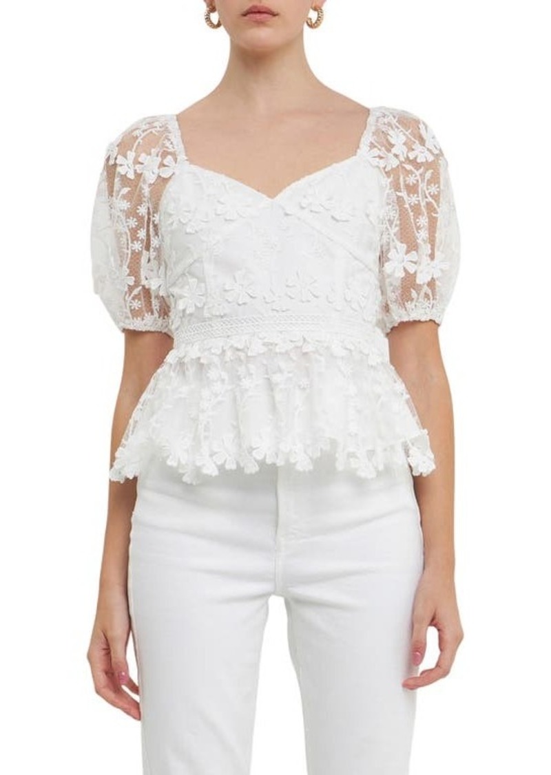 Endless Rose Floral Lace Puff Sleeve Peplum Top