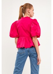 endless rose Women's Puff Sleeve Peplum Top - Fuchsia