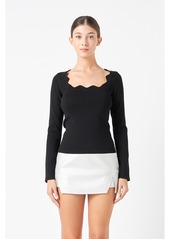 endless rose Women's Scallop Detail Long Sleeve Sweater - Black