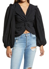 Endless Rose Twist Front Balloon Sleeve Blouse in Black at Nordstrom