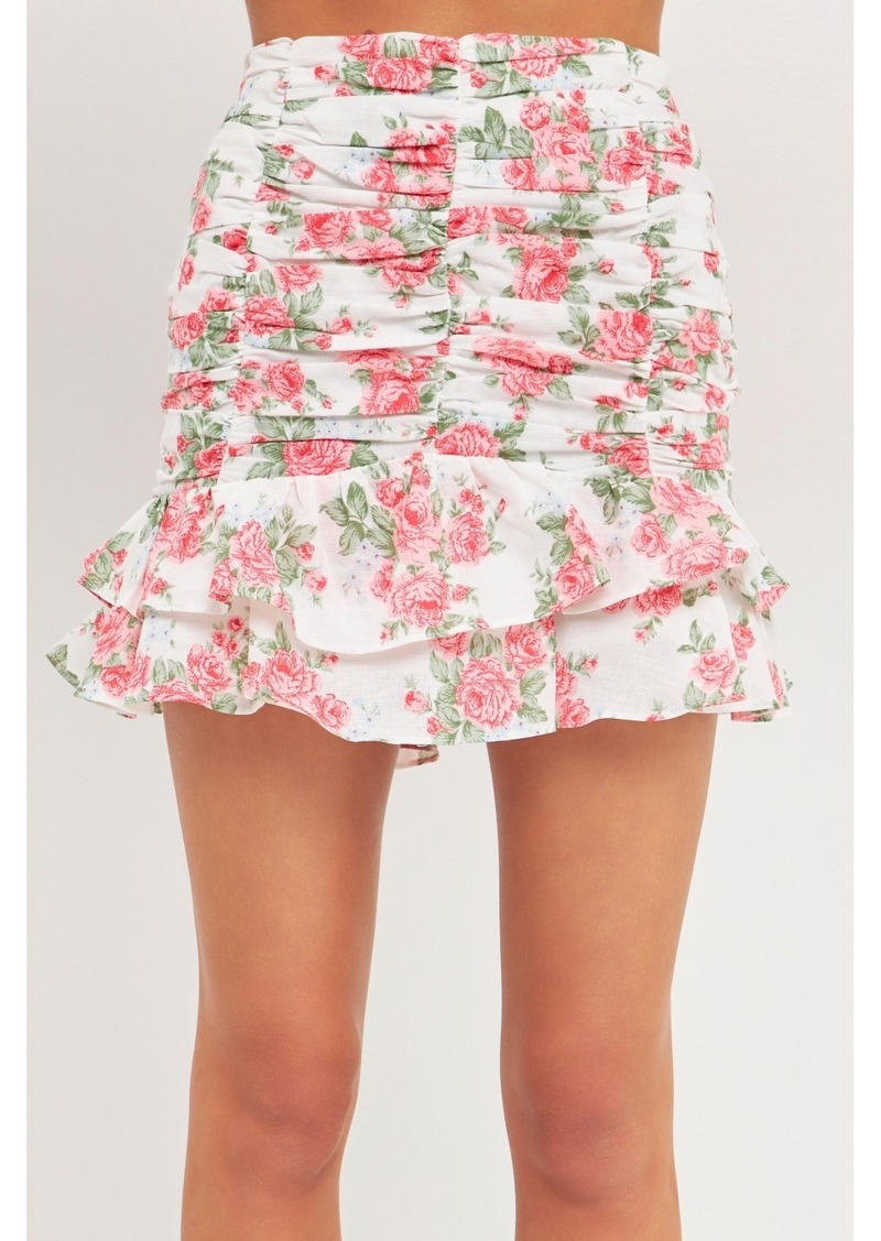 Endless Rose Women's Floral Linen Ruffled Mini Skirt - Ivory