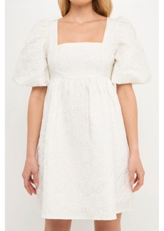 endless rose Women's Open Back Floral Jacquard Puff Dress - White