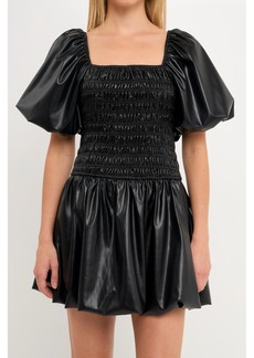 endless rose Women's Pu leather Smocked Balloon Detail Mini Dress - Black