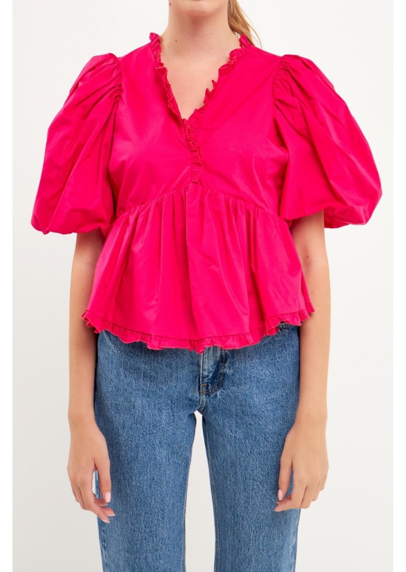 endless rose Women's Puff Sleeve Peplum Top - Fuchsia