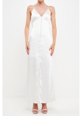 endless rose Women's Satin Button Down Maxi Dress - White
