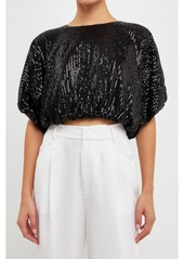 endless rose Women's Sequins Cropped Puff Top - Black