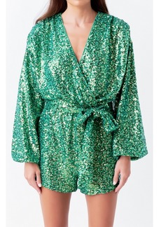 Endless Rose Women's Sequins Wrapped Romper with Belt - Kelly green