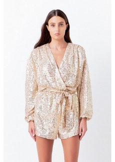 Endless Rose Women's Sequins Wrapped Romper with Belt - Gold