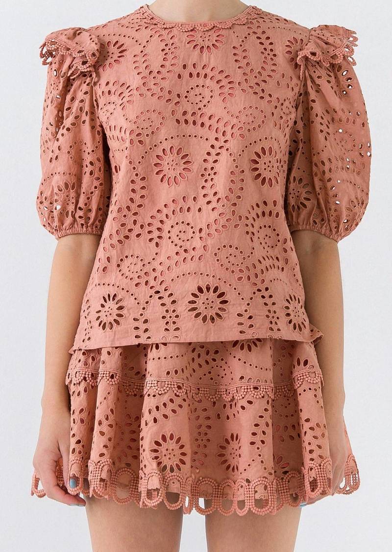 English Factory Elizabeth Lace Puff Sleeve Blouse In Terracotta