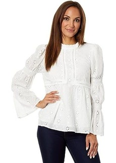 English Factory Embroidered Swiss Dot Ruched Sleeve Top