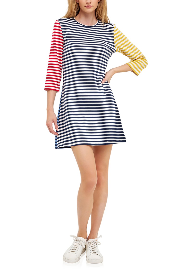 English Factory Colorblock Stripe Cotton Knit T-Shirt Dress in Navy Multi at Nordstrom Rack