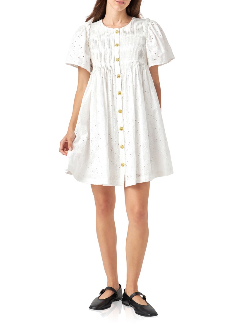 English Factory Embroidered Cotton Eyelet Button-Up Babydoll Dress in White at Nordstrom Rack