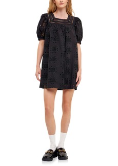 English Factory Embroidered Cotton Eyelet Shift Dress in Black at Nordstrom Rack