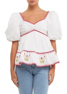 English Factory Embroidered Puff Sleeve Peplum Cotton Top