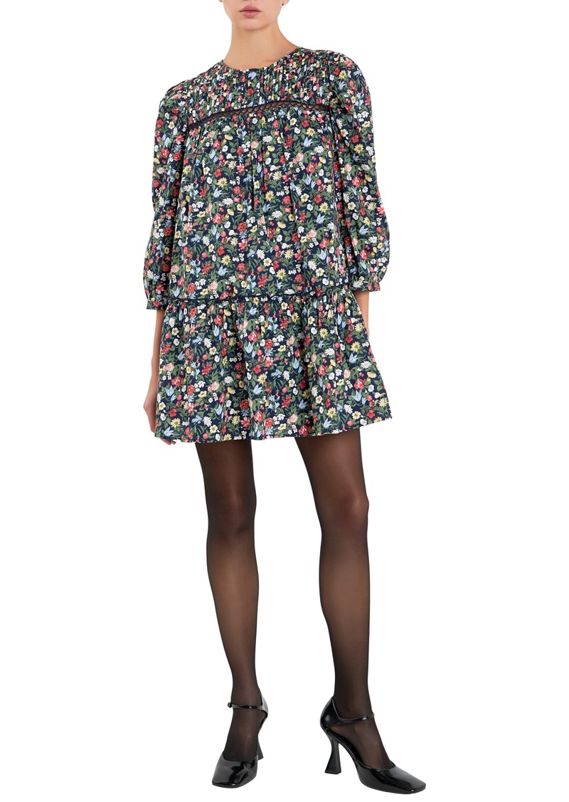 English Factory Floral Pintuck Balloon Sleeve Cotton Minidress in Navy Multi at Nordstrom Rack