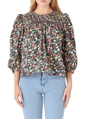 English Factory Floral Pintuck Detail Cotton Popover Top