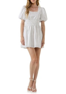English Factory Floral Puff Sleeve Minidress in White/Navy at Nordstrom