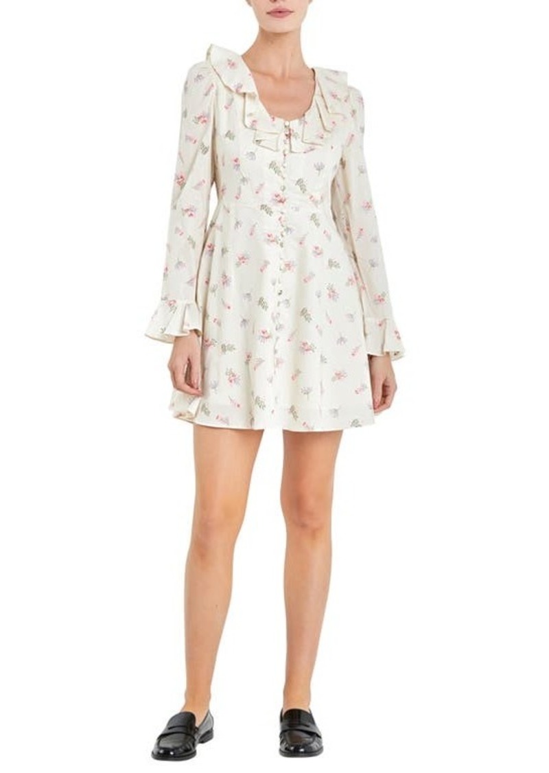 English Factory Floral Ruffle Button Front Long Sleeve Minidress