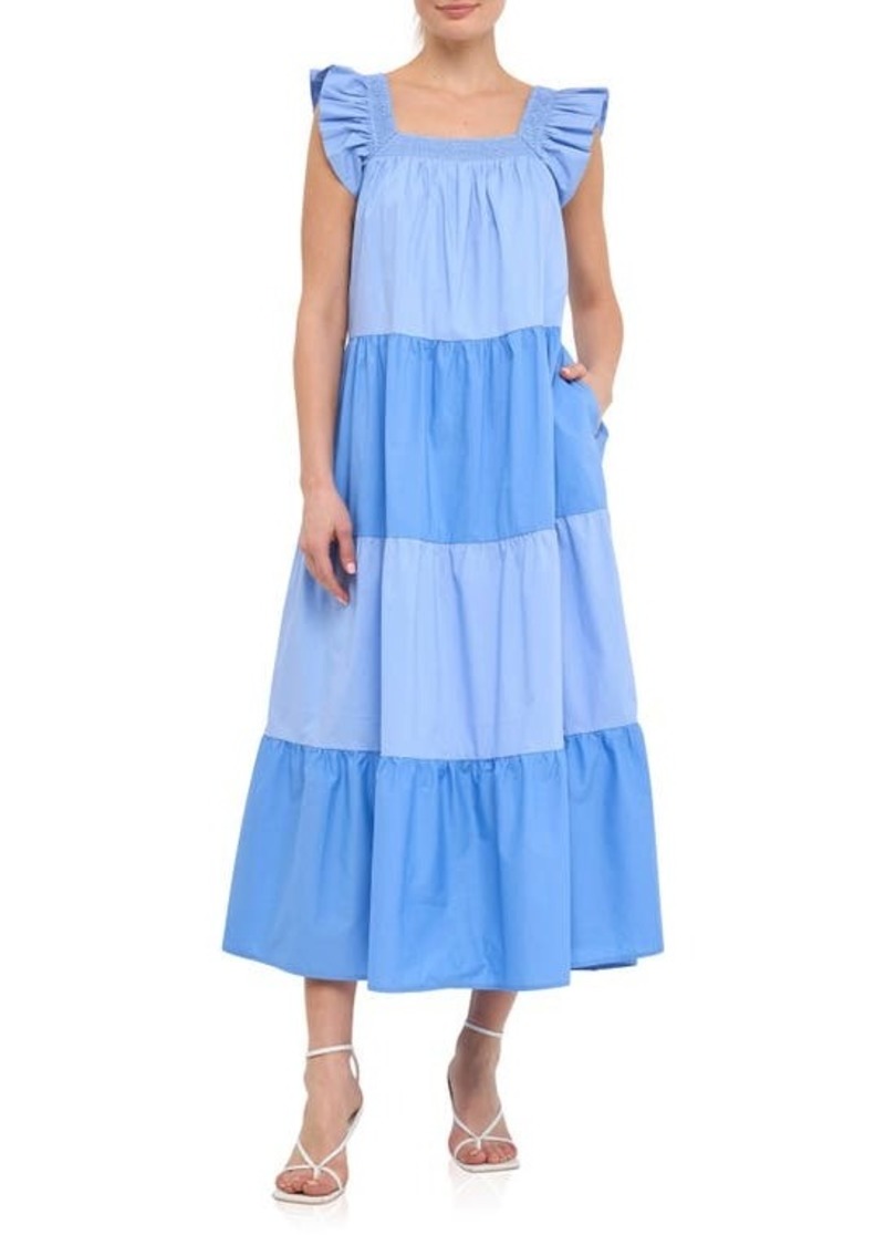 English Factory Flutter Sleeve Colorblock Cotton Midi Dress