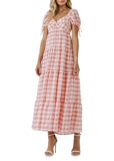 English Factory Gingham Knot Tiered Cotton Blend Midi Dress