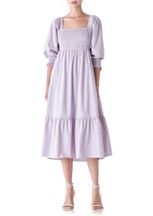 English Factory Gingham Smocked Puff Sleeve Midi Dress in Lilac/Blush at Nordstrom Rack