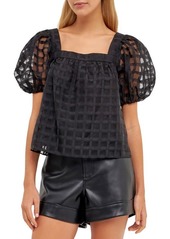 English Factory Grid Pattern Puff Sleeve Organza Top