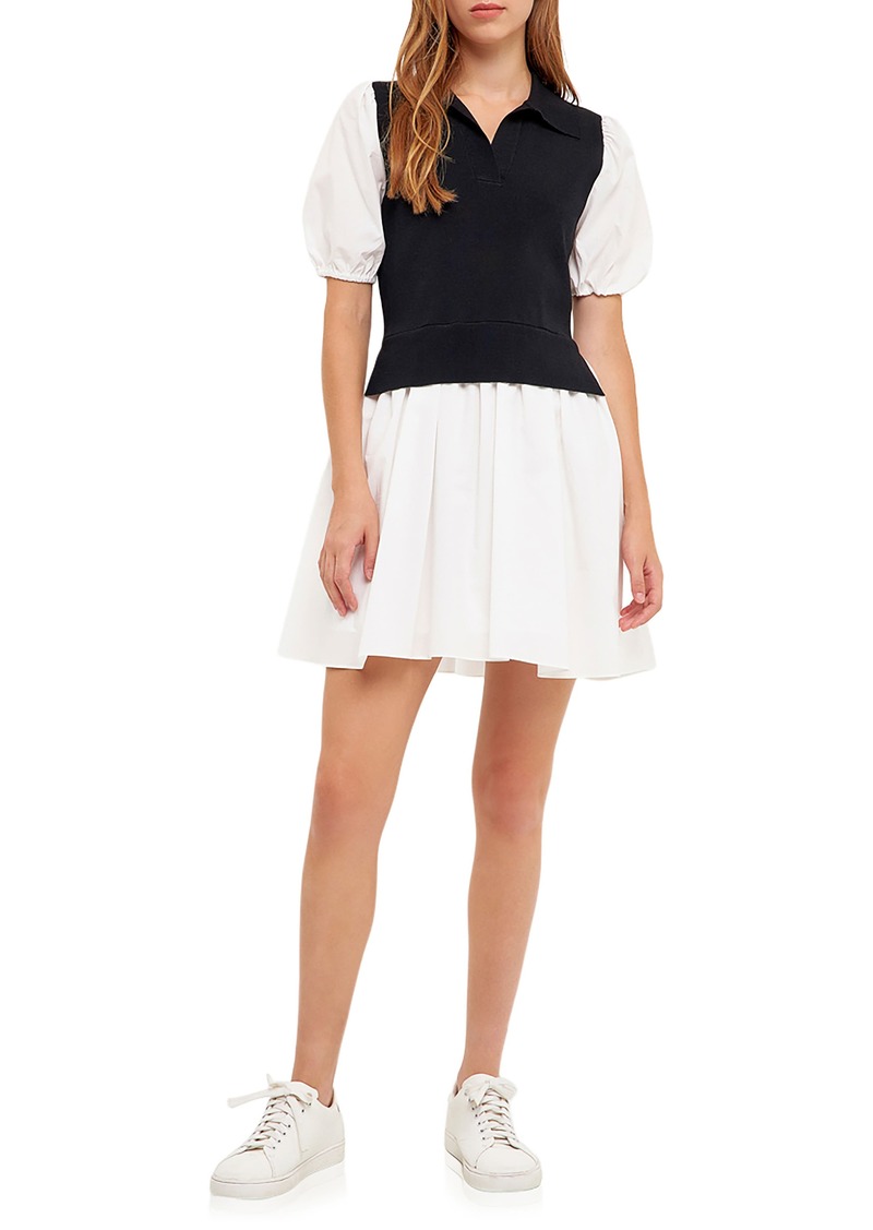 English Factory Mix Media Fit & Flare Dress in Black/Ivory at Nordstrom Rack