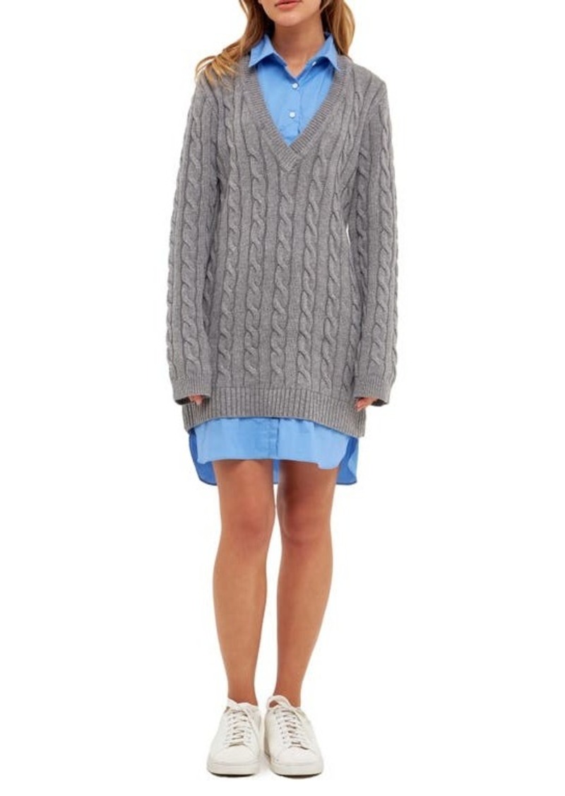 English Factory Mixed Media Cable Stitch Long Sleeve Sweater Dress
