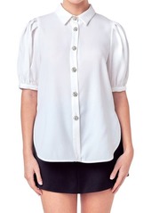 English Factory Puff Sleeve Embellished Button-Up Blouse