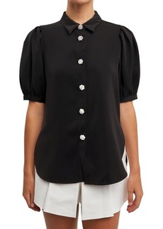 English Factory Puff Sleeve Embellished Button-Up Blouse
