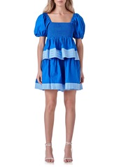 English Factory Puff Sleeve Smocked Tiered Babydoll Dress in Blue Multi at Nordstrom Rack