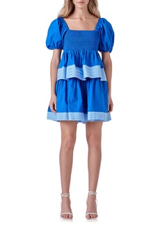 English Factory Puff Sleeve Smocked Tiered Babydoll Dress in Blue Multi at Nordstrom Rack