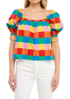 English Factory Rainbow Check Puff Sleeve Cotton Top