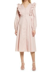 English Factory Ruffle Long Sleeve Button Front Midi Dress in Dusty Pink at Nordstrom